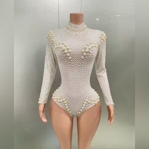 Women Sexy White Pearl Long Sleeved Stretch Bodysuit Singer Stage Costume L